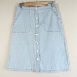 OAT Light Blue Chambray Button-Front A-Line Skirt with Pockets Size 6